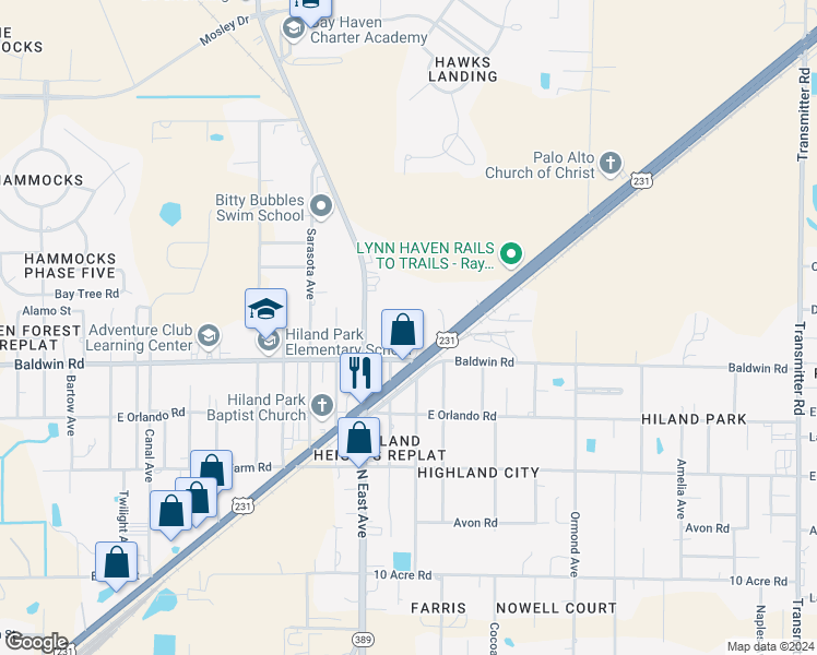 map of restaurants, bars, coffee shops, grocery stores, and more near 3041 Altha Avenue in Panama City