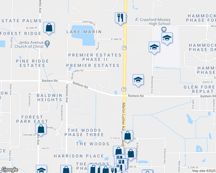 map of restaurants, bars, coffee shops, grocery stores, and more near 631 East Baldwin Road in Panama City