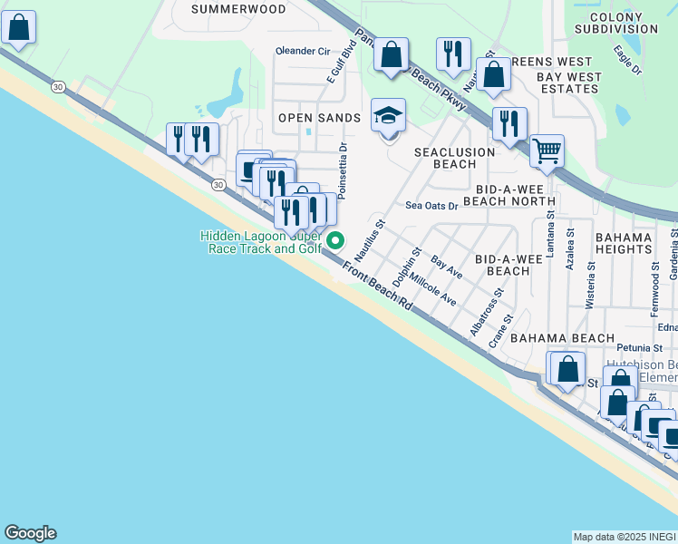 map of restaurants, bars, coffee shops, grocery stores, and more near 14400 Front Beach Road in Panama City