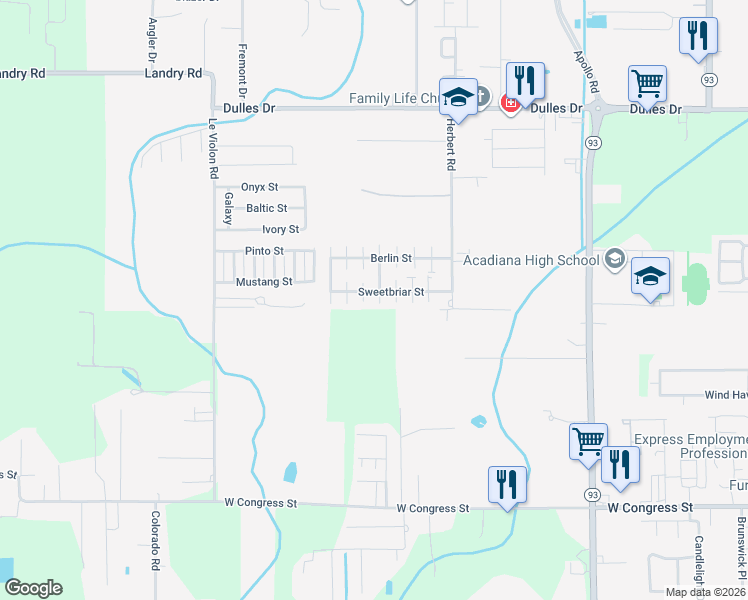 map of restaurants, bars, coffee shops, grocery stores, and more near 502 Scotsdale Street in Lafayette