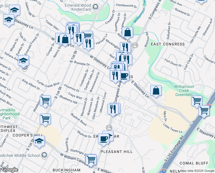 map of restaurants, bars, coffee shops, grocery stores, and more near 210 Ainsworth Street in Austin