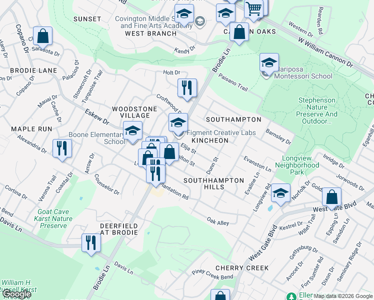 map of restaurants, bars, coffee shops, grocery stores, and more near 3418 Elija Street in Austin