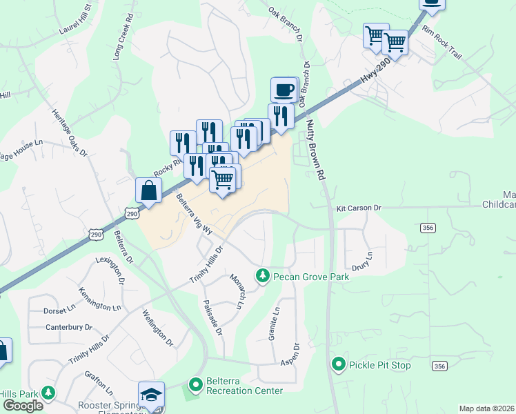 map of restaurants, bars, coffee shops, grocery stores, and more near 275 Village Oak Drive in Austin