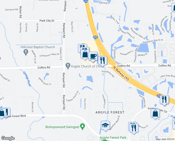 map of restaurants, bars, coffee shops, grocery stores, and more near 7044 Swamp Flower Drive North in Jacksonville