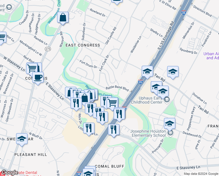 map of restaurants, bars, coffee shops, grocery stores, and more near Battle Bend Boulevard & Presidio Road in Austin