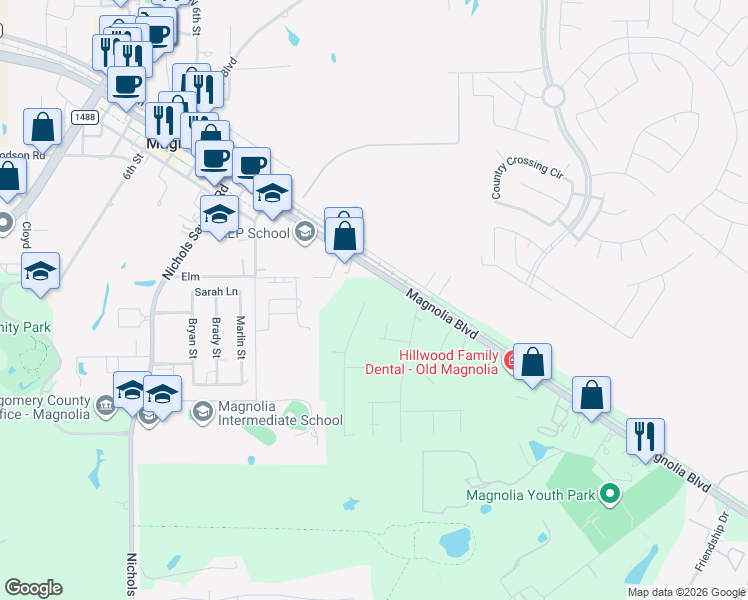 map of restaurants, bars, coffee shops, grocery stores, and more near 32010 Pine Crossing in Magnolia