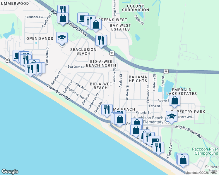map of restaurants, bars, coffee shops, grocery stores, and more near 304 Lantana Street in Panama City Beach