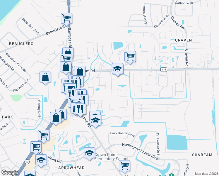 map of restaurants, bars, coffee shops, grocery stores, and more near 9616 Melvina Road in Jacksonville