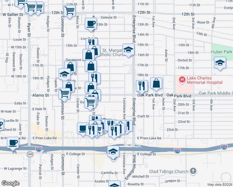 map of restaurants, bars, coffee shops, grocery stores, and more near 1010 Orange Street in Lake Charles