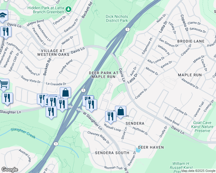 map of restaurants, bars, coffee shops, grocery stores, and more near 4825 Davis Lane in Austin