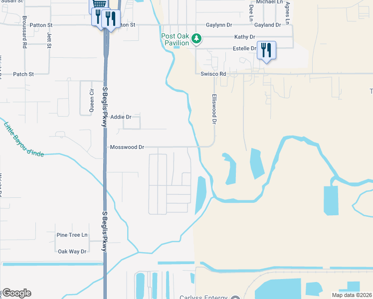 map of restaurants, bars, coffee shops, grocery stores, and more near 1141 Mosswood Drive in Sulphur