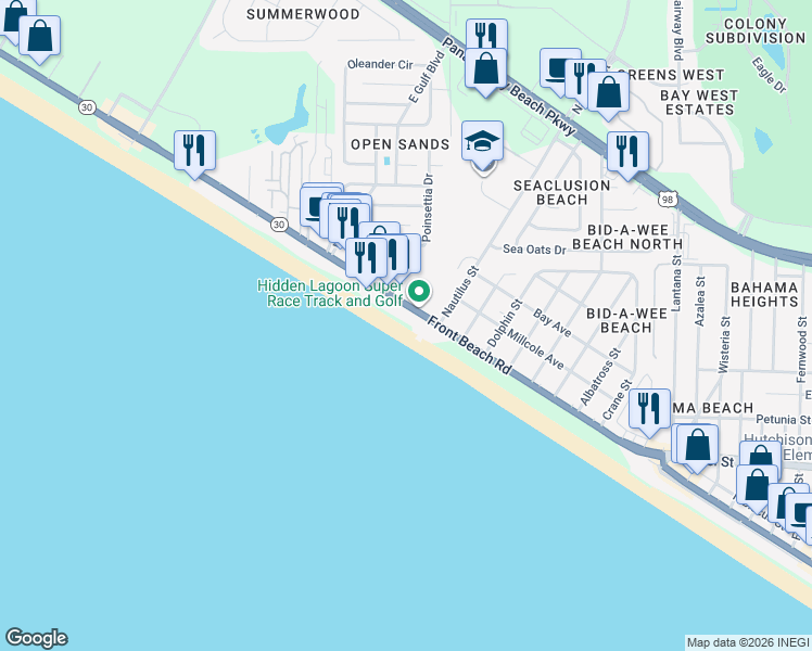 map of restaurants, bars, coffee shops, grocery stores, and more near 14415 Front Beach Road in Panama City Beach