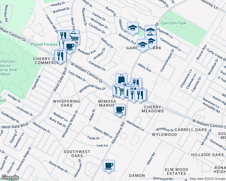 map of restaurants, bars, coffee shops, grocery stores, and more near 6804 Shier Cove in Austin