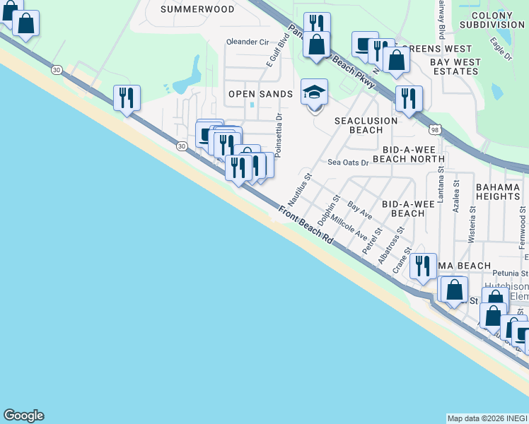 map of restaurants, bars, coffee shops, grocery stores, and more near 14415 Front Beach Road in Panama City Beach