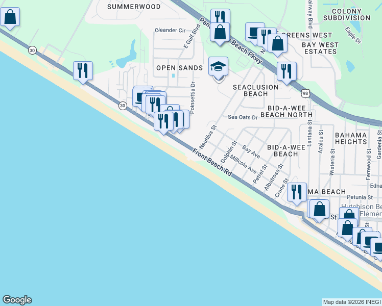 map of restaurants, bars, coffee shops, grocery stores, and more near 14400 Front Beach Road in Panama City