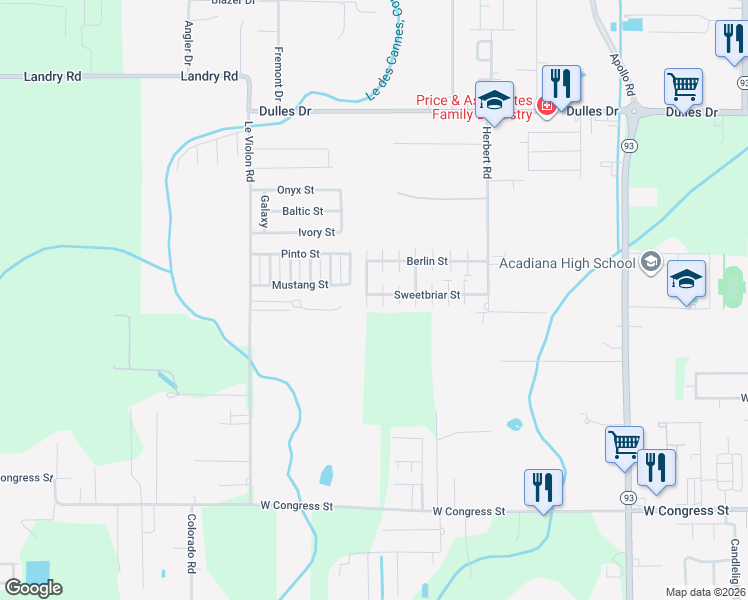 map of restaurants, bars, coffee shops, grocery stores, and more near 703 Sweetbriar Street in Lafayette
