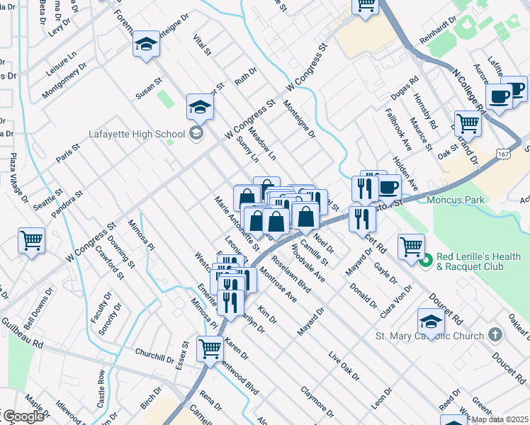 map of restaurants, bars, coffee shops, grocery stores, and more near 116 Foreman Drive in Lafayette