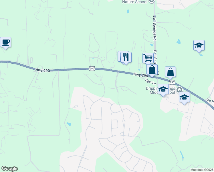 map of restaurants, bars, coffee shops, grocery stores, and more near 105 Quartz Drive in Dripping Springs