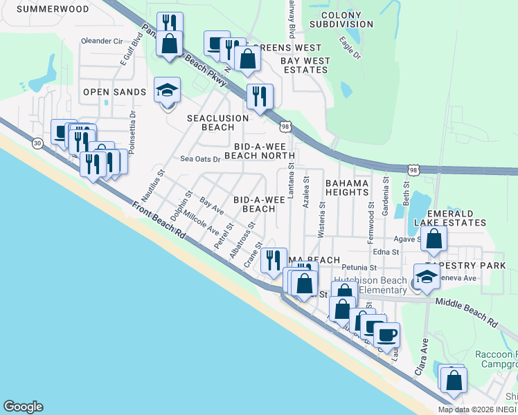 map of restaurants, bars, coffee shops, grocery stores, and more near in Panama City Beach
