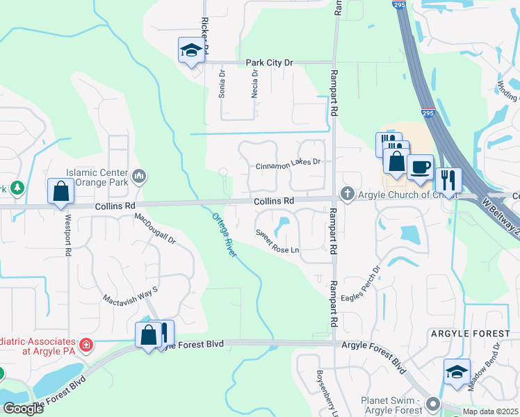 map of restaurants, bars, coffee shops, grocery stores, and more near 7461 Sugar Plum Lane in Jacksonville