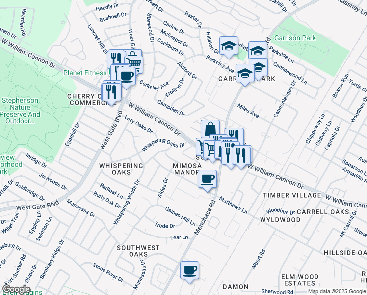 map of restaurants, bars, coffee shops, grocery stores, and more near 6902 Whispering Oaks Drive in Austin