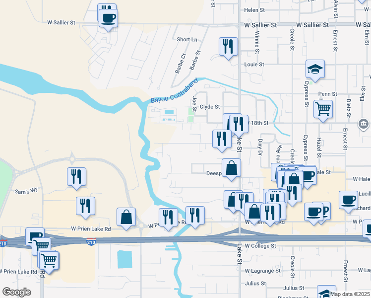 map of restaurants, bars, coffee shops, grocery stores, and more near 1217 Giovanni Street in Lake Charles