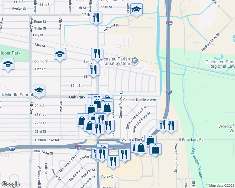 map of restaurants, bars, coffee shops, grocery stores, and more near 2805-2899 S General Wainwright Dr in Lake Charles