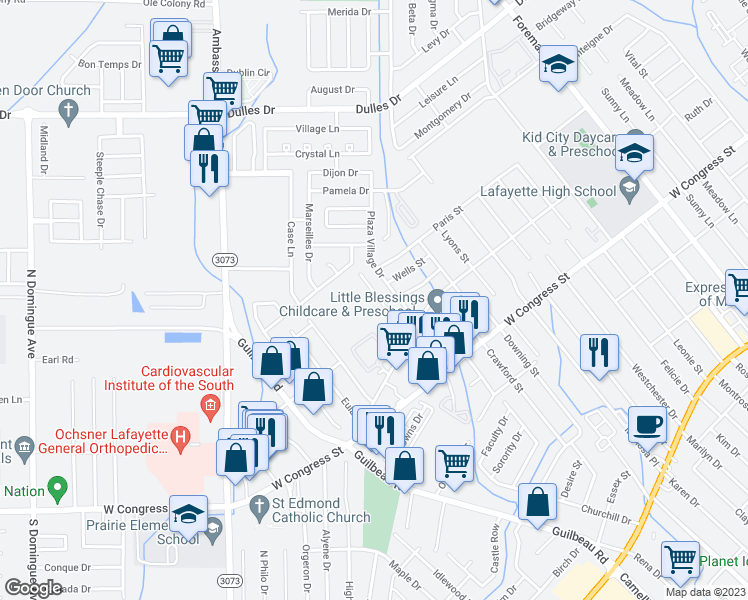map of restaurants, bars, coffee shops, grocery stores, and more near 123 Pericles Street in Lafayette