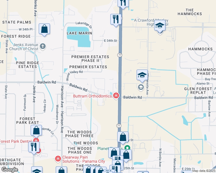 map of restaurants, bars, coffee shops, grocery stores, and more near 631 East Baldwin Road in Panama City