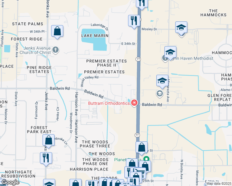 map of restaurants, bars, coffee shops, grocery stores, and more near 1300 Baldwin Rowe Circle in Panama City