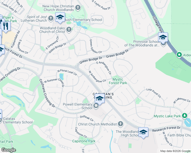 map of restaurants, bars, coffee shops, grocery stores, and more near 46 North Dragonwood Place in Spring