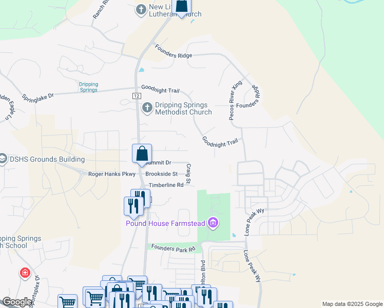map of restaurants, bars, coffee shops, grocery stores, and more near 312 Glosson Road in Dripping Springs