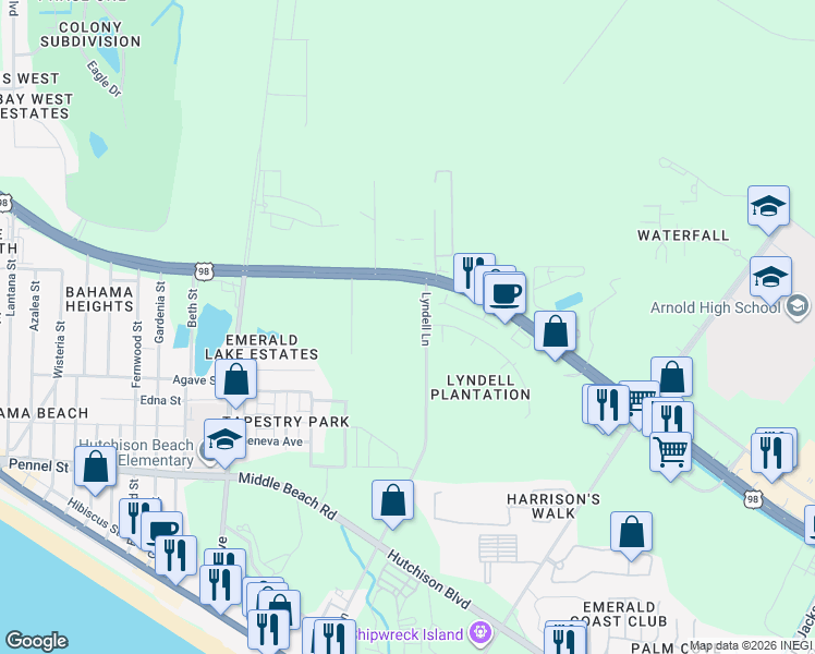 map of restaurants, bars, coffee shops, grocery stores, and more near 653-699 Lyndell Lane in Panama City Beach