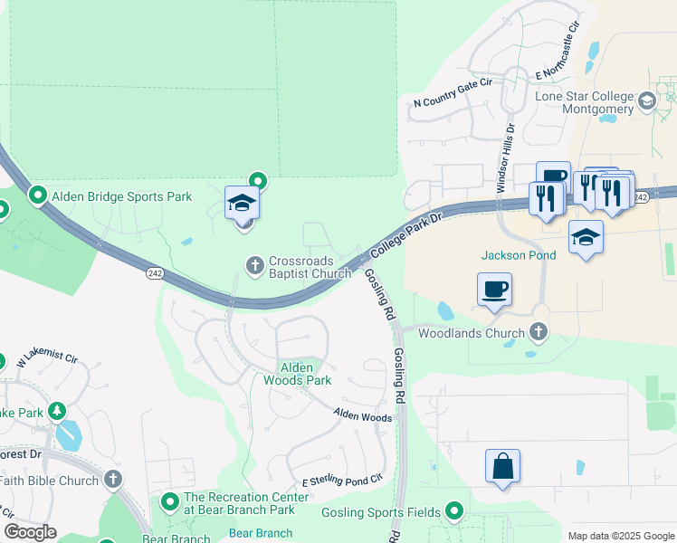 map of restaurants, bars, coffee shops, grocery stores, and more near in The Woodlands