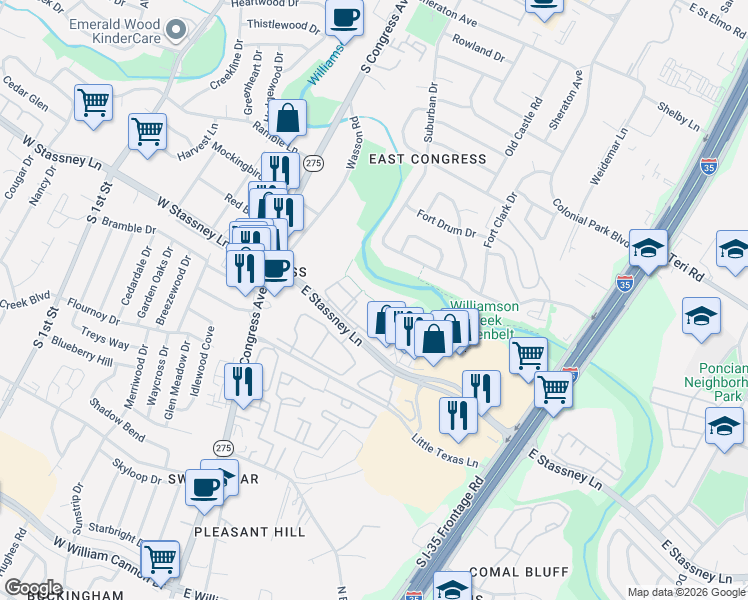 map of restaurants, bars, coffee shops, grocery stores, and more near 500 East Stassney Lane in Austin