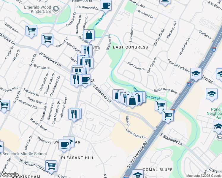 map of restaurants, bars, coffee shops, grocery stores, and more near 500 East Stassney Lane in Austin