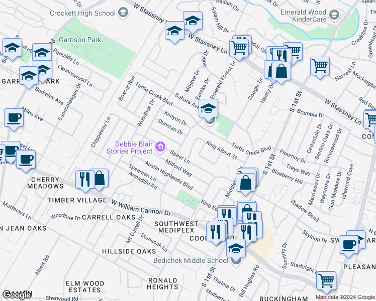 map of restaurants, bars, coffee shops, grocery stores, and more near 6302 Okner Lane in Austin