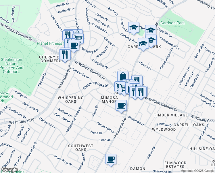 map of restaurants, bars, coffee shops, grocery stores, and more near 6902 Whispering Oaks Drive in Austin