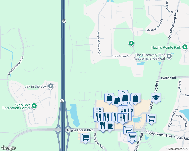 map of restaurants, bars, coffee shops, grocery stores, and more near Merchants Way in Jacksonville