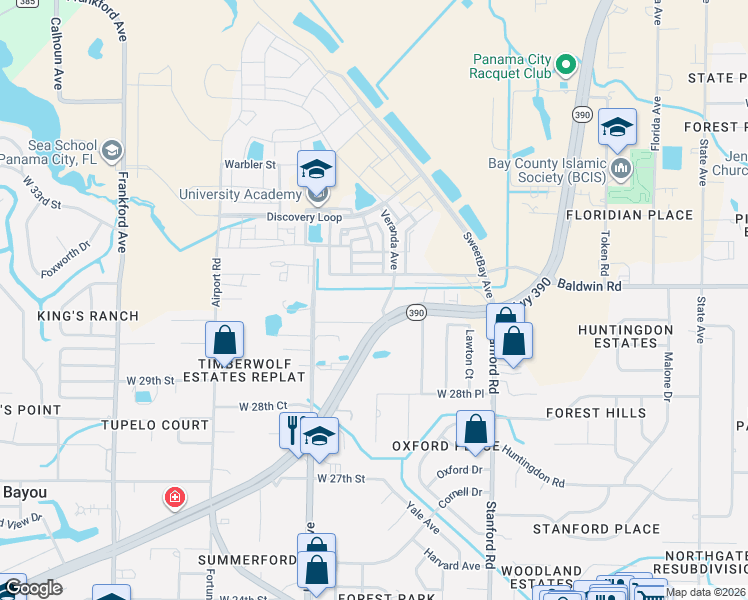 map of restaurants, bars, coffee shops, grocery stores, and more near 3716 Airport Drive in Panama City