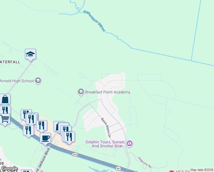 map of restaurants, bars, coffee shops, grocery stores, and more near 704 Breakfast Point Boulevard in Panama City Beach