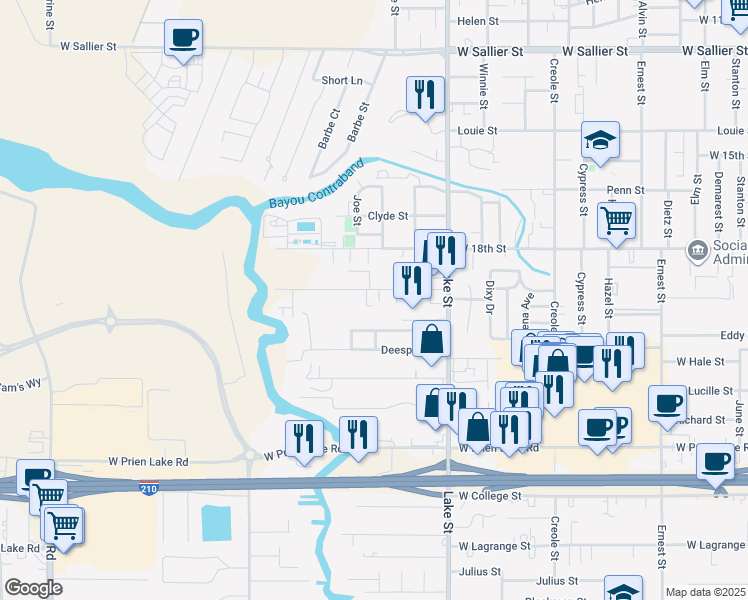 map of restaurants, bars, coffee shops, grocery stores, and more near 1035 Giovanni Street in Lake Charles