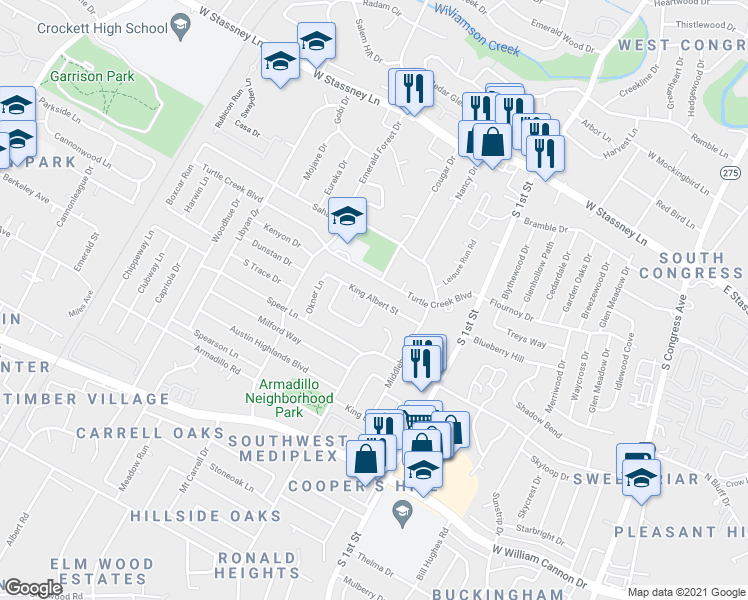 map of restaurants, bars, coffee shops, grocery stores, and more near King Albert Street in Austin