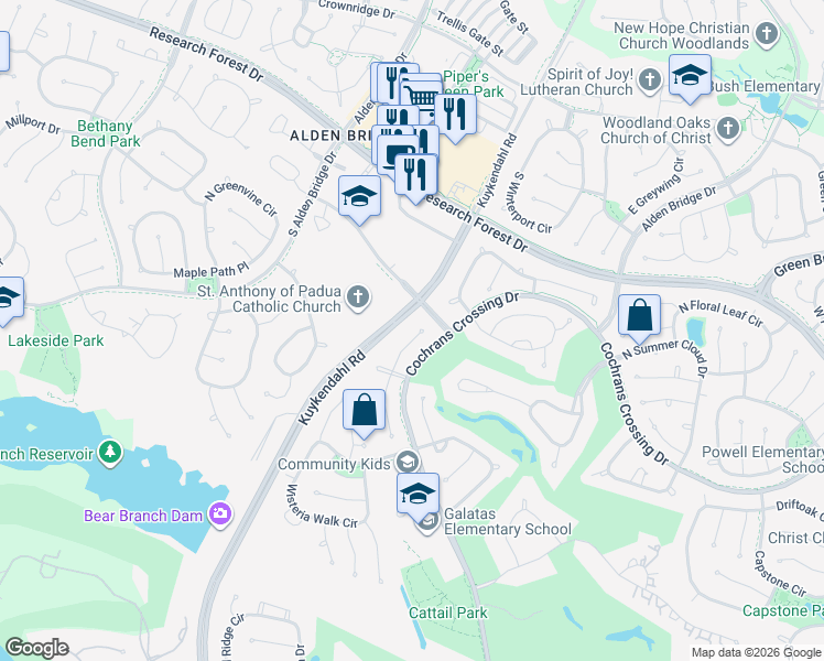 map of restaurants, bars, coffee shops, grocery stores, and more near 63 Candle Pine Place in Spring