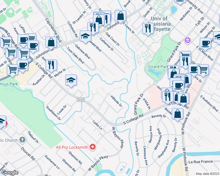 map of restaurants, bars, coffee shops, grocery stores, and more near 327 Bacque Crescent Dr in Lafayette