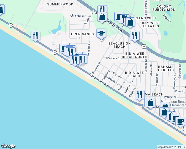 map of restaurants, bars, coffee shops, grocery stores, and more near 14400 Front Beach Road in Panama City