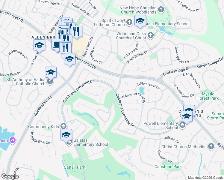 map of restaurants, bars, coffee shops, grocery stores, and more near 9310 Cochrans Crossing Drive in Spring