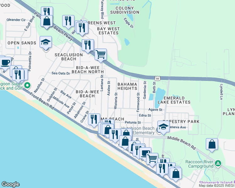 map of restaurants, bars, coffee shops, grocery stores, and more near 309 Wisteria Street in Panama City Beach