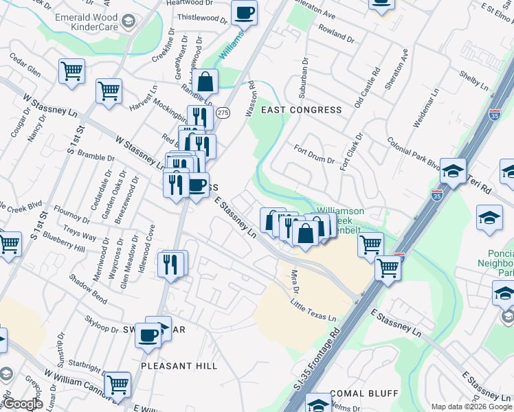 map of restaurants, bars, coffee shops, grocery stores, and more near 500 East Stassney Lane in Austin
