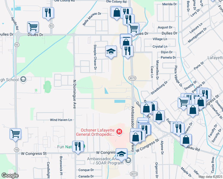 map of restaurants, bars, coffee shops, grocery stores, and more near 2520 Ambassador Caffery Parkway in Lafayette